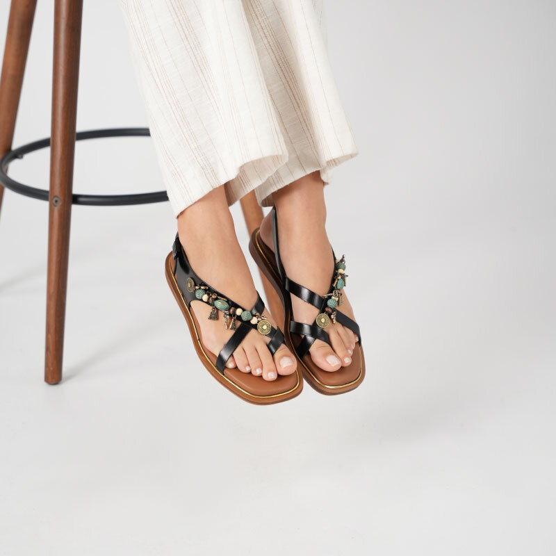 Daphne Siyah Deri  Düz Kadın Sandalet