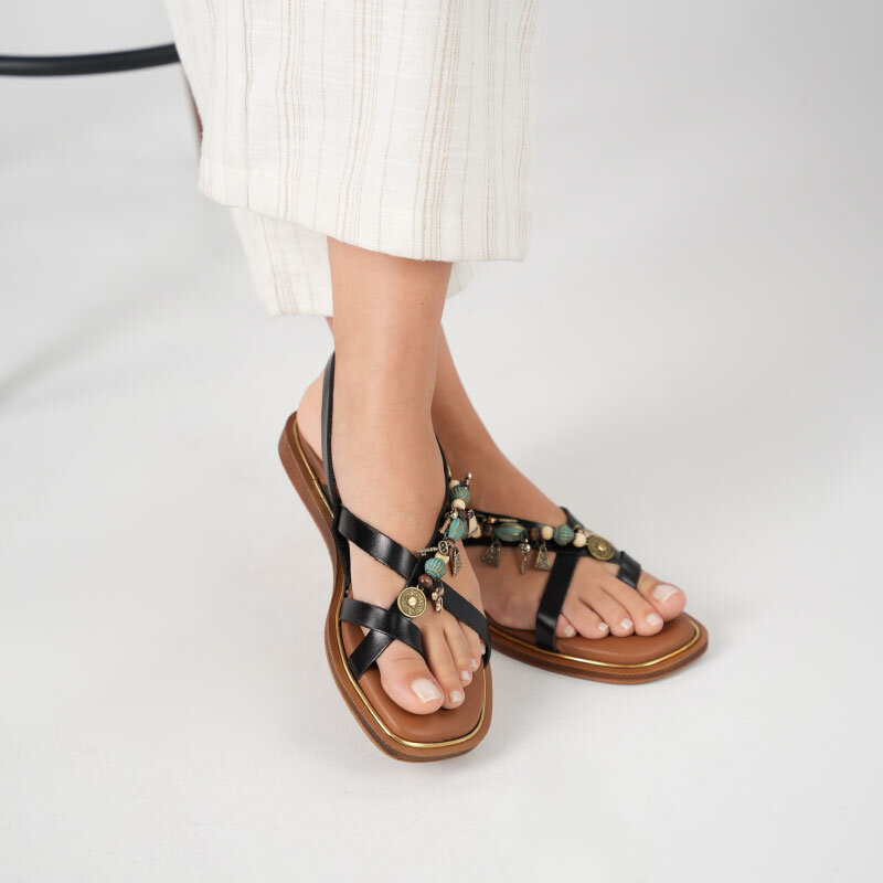 Daphne Siyah Deri  Düz Kadın Sandalet - 3