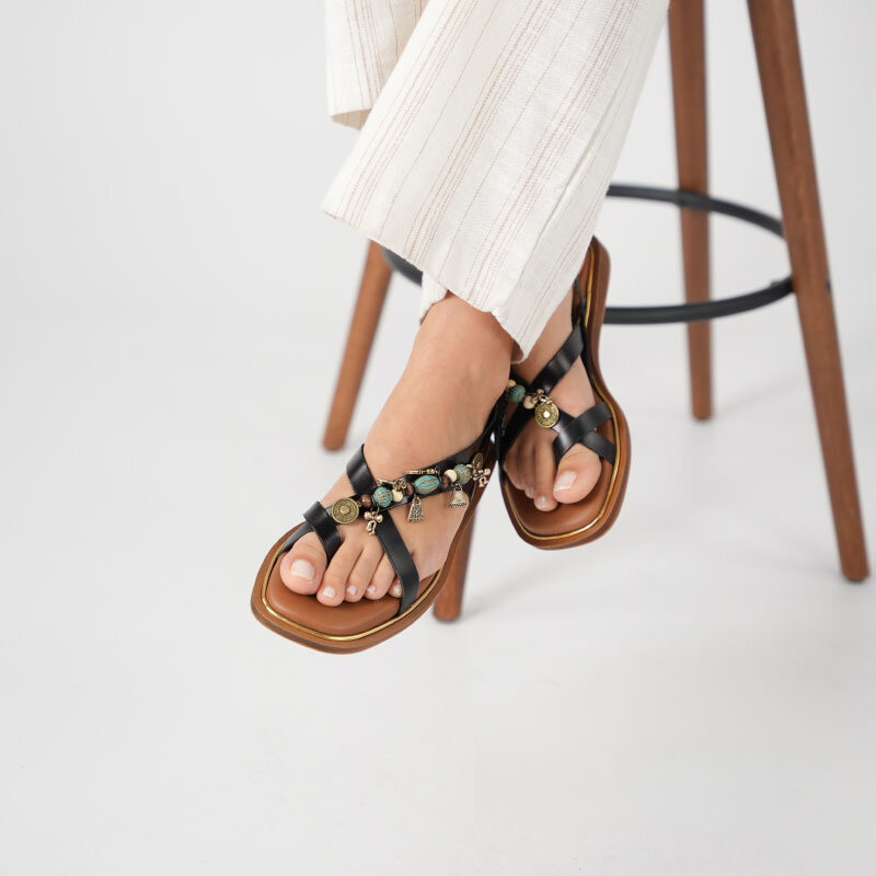 Daphne Siyah Deri  Düz Kadın Sandalet - 2