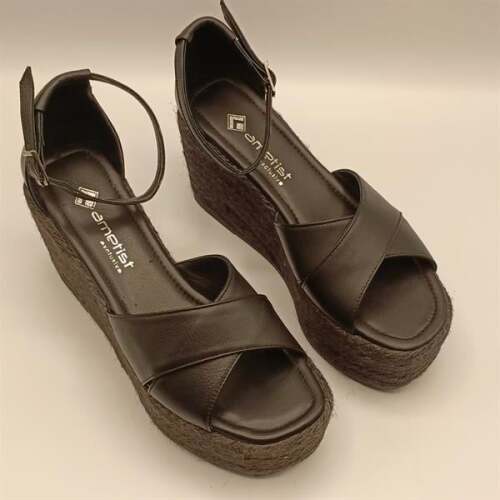 Deka Siyah Deri Dolgu Topuk Kadın Sandalet - 2