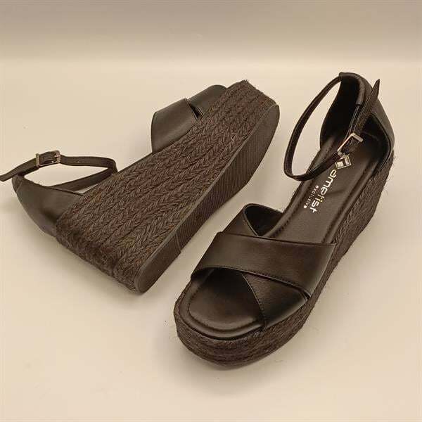 Deka Siyah Deri Dolgu Topuk Kadın Sandalet - 5