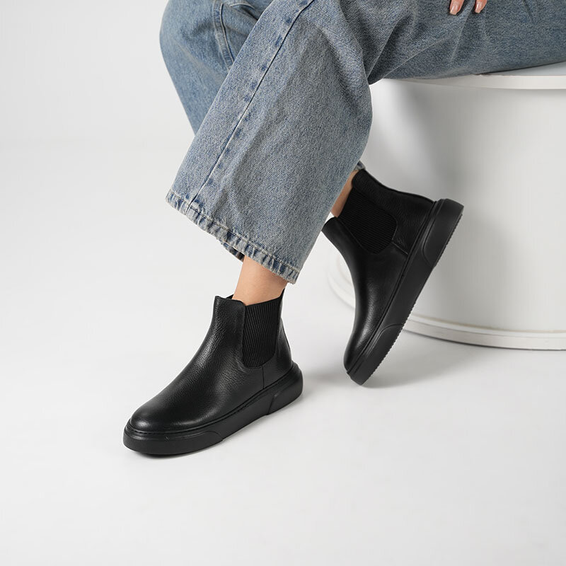 Favor Siyah Hakiki Deri Chelsea Kadın Bot – Hafif Eva Taban, Kaymaz Tırtıklı, Lastikli Kolay Giyim - 2