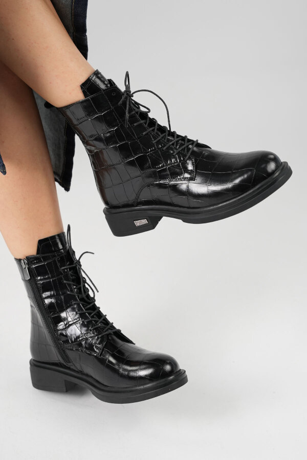 Gloria Siyah Parlak Kroko Deri Kadın Bot - 1