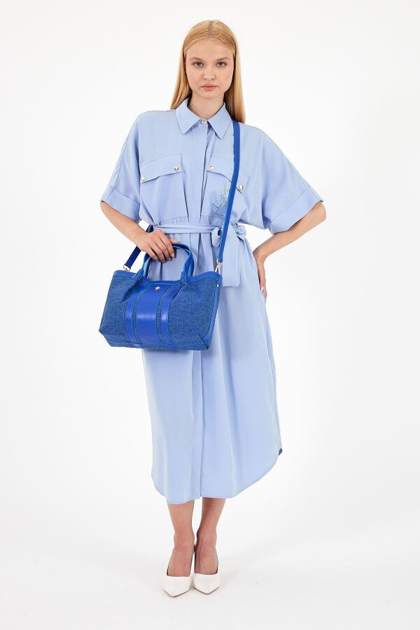 Havana Deniz Mavisi Kumaş Detaylı Kadın El Çantası - 2