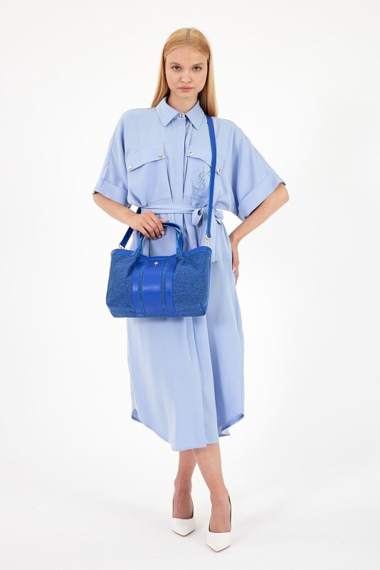 Havana Deniz Mavisi Kumaş Detaylı Kadın El Çantası - 3