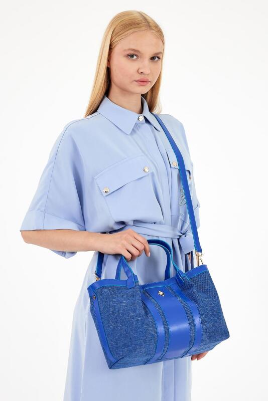 Havana Deniz Mavisi Kumaş Detaylı Kadın El Çantası - 4