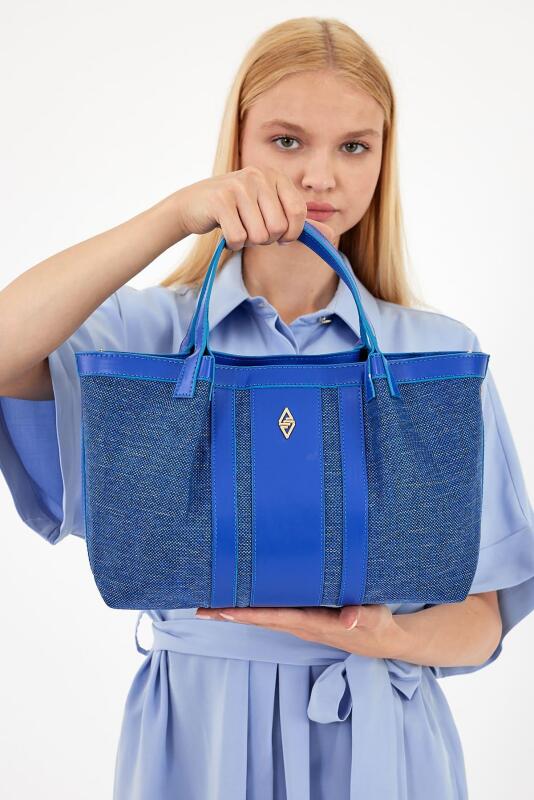 Havana Deniz Mavisi Kumaş Detaylı Kadın El Çantası - 9