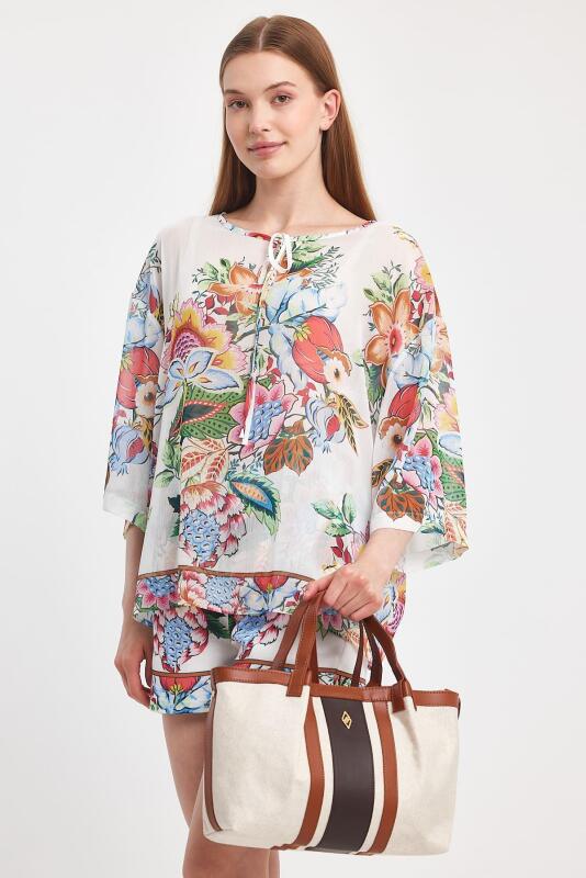 Havana Taba Kumaş Detaylı Kadın El Çantası - 8