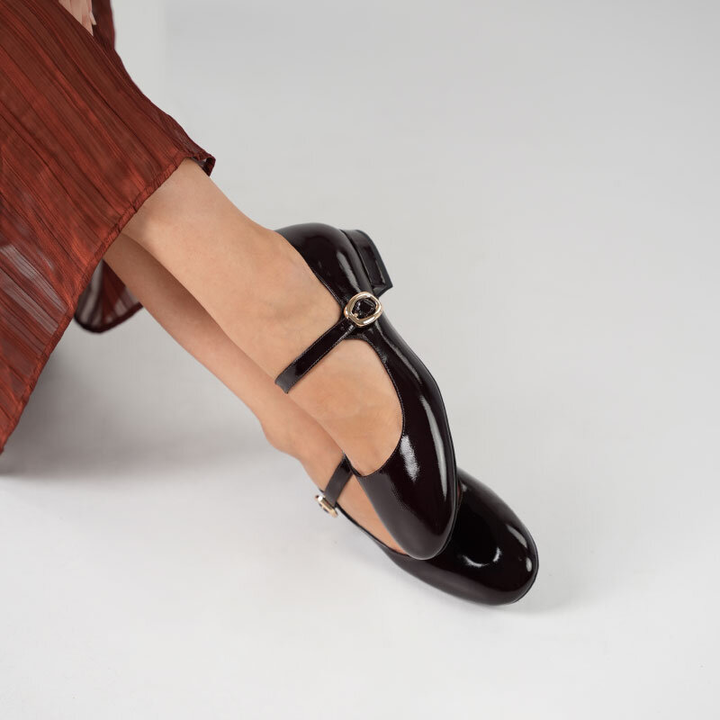 Marry Siyah Parlak Deri Küt Burun Kısa Topuklu Kadın Ayakkabı - 3