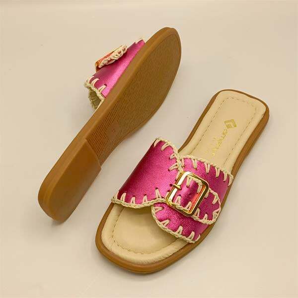 Otantik Fuşya Deri Kadın Terlik - 5