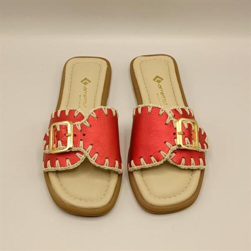 Otantik Kırmızı Deri Kadın Terlik - 3