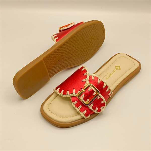 Otantik Kırmızı Deri Kadın Terlik - 5