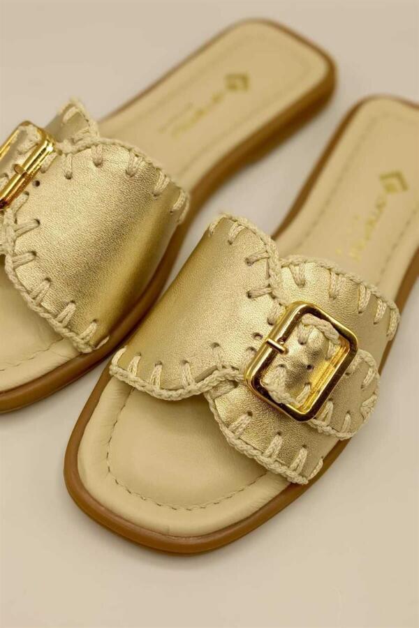 Otantik Mat Altın  Deri Terlik - 4