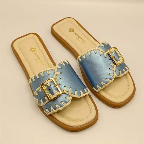 Otantik Mavi Deri Kadın Terlik - 2