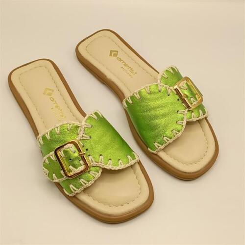 Otantik Yeşil Deri Kadın Terlik - 2