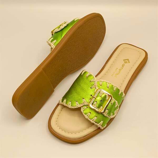 Otantik Yeşil Deri Kadın Terlik - 5