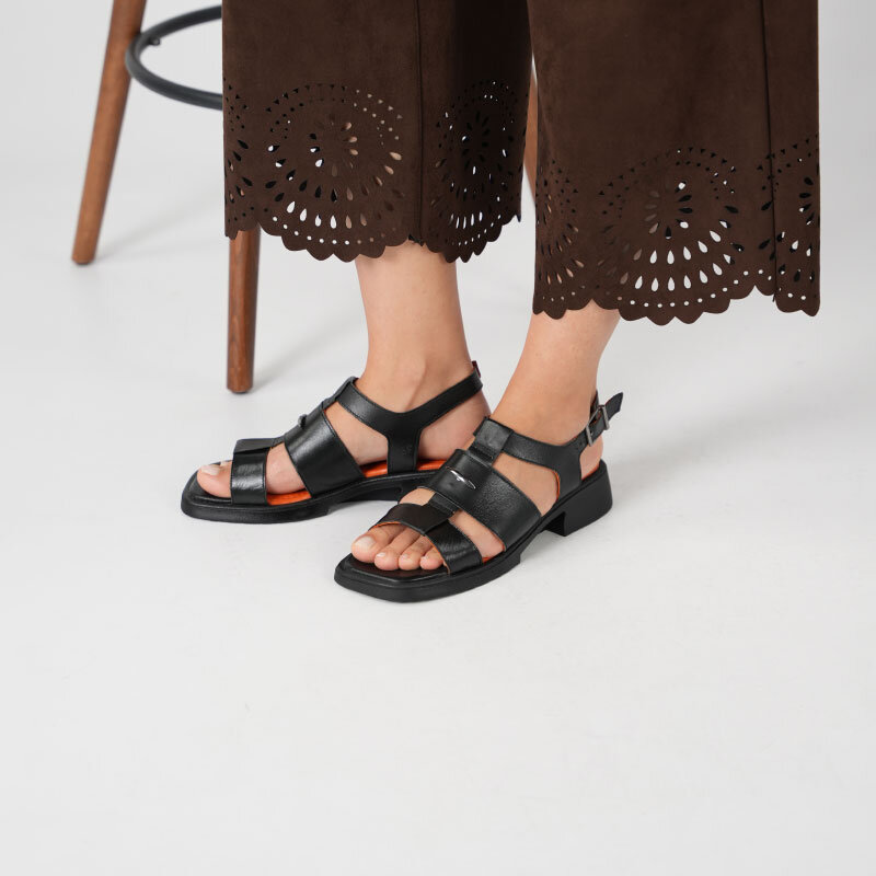 Perge Siyah Gerçek Deri Kadın Sandalet - 1