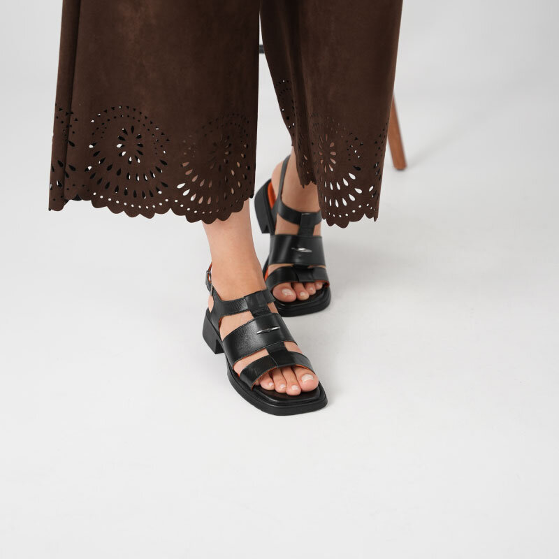 Perge Siyah Gerçek Deri Kadın Sandalet - 3