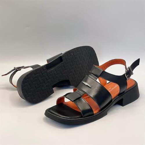 Perge Siyah Gerçek Deri Kadın Sandalet - 5