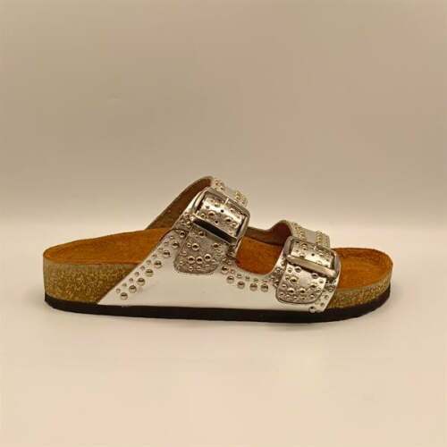 Perla Gümüş Deri Mantar Taban Ortopedik Terlik