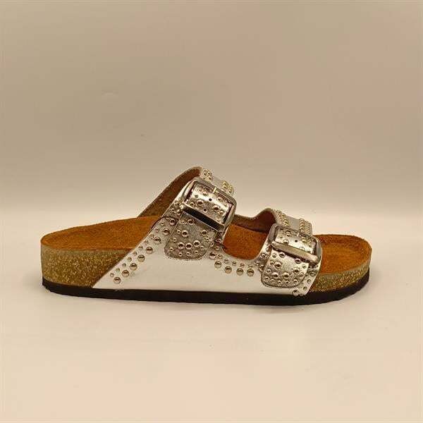 Perla Gümüş Deri Mantar Taban Ortopedik Terlik - 1