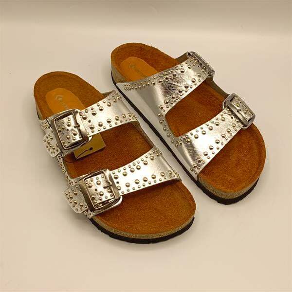 Perla Gümüş Deri Mantar Taban Ortopedik Terlik - 2