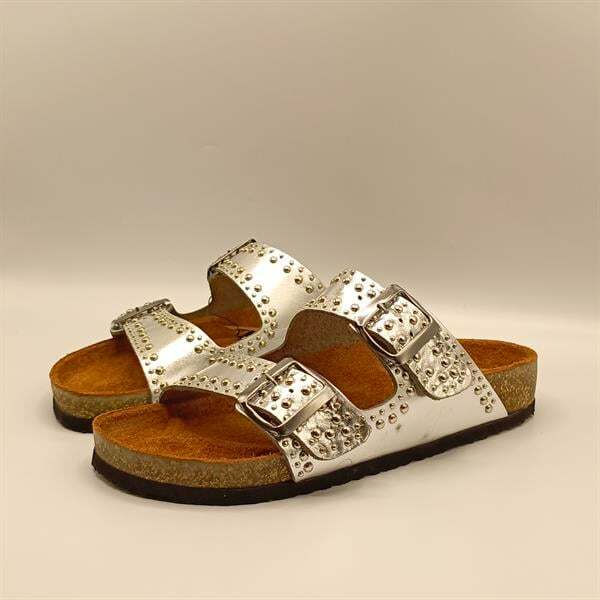 Perla Gümüş Deri Mantar Taban Ortopedik Terlik - 4