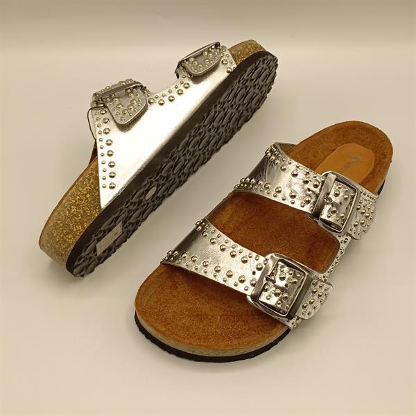 Perla Gümüş Deri Mantar Taban Ortopedik Terlik - 5