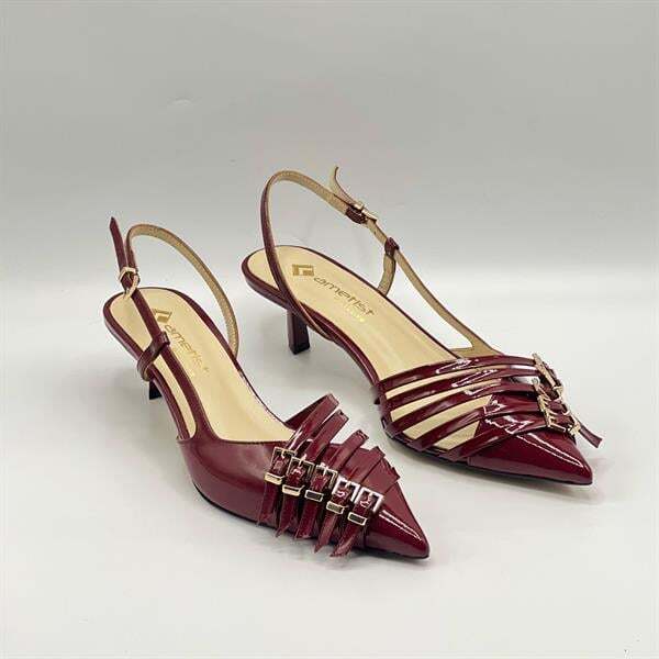 Sedare Bordo Gerçek Deri Tokalı Topuklu Ayakkabı - 2