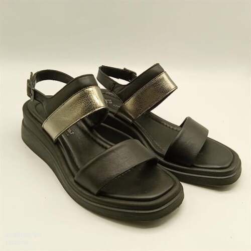 Siyah & Gümüş Hakiki Deri Sandalet