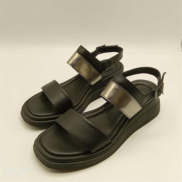 Siyah & Gümüş Hakiki Deri Sandalet - 3