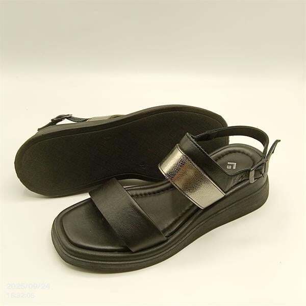 Siyah & Gümüş Hakiki Deri Sandalet - 4