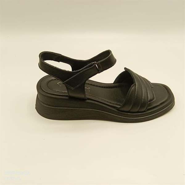 Siyah Hakiki Deri Kanat Bantlı Sandalet - 1