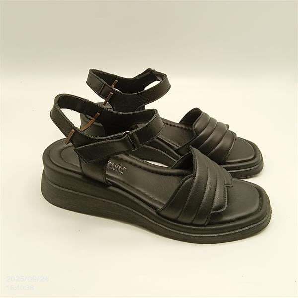 Siyah Hakiki Deri Kanat Bantlı Sandalet - 2