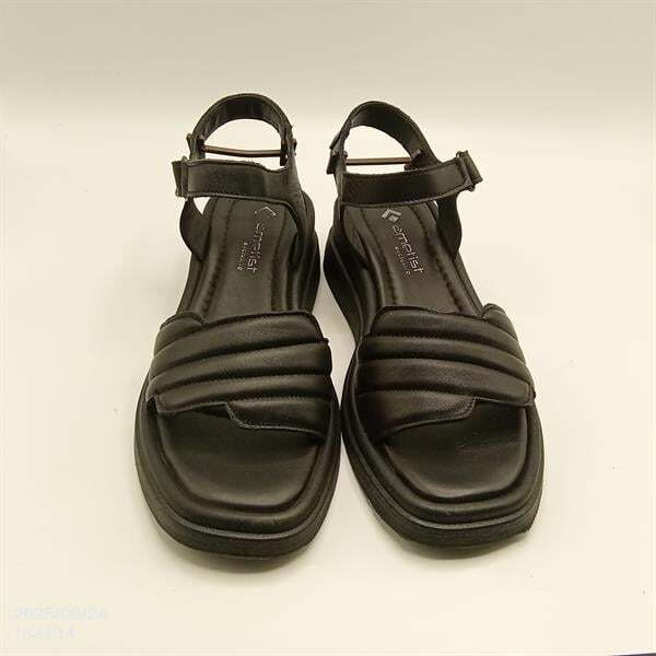 Siyah Hakiki Deri Kanat Bantlı Sandalet - 3