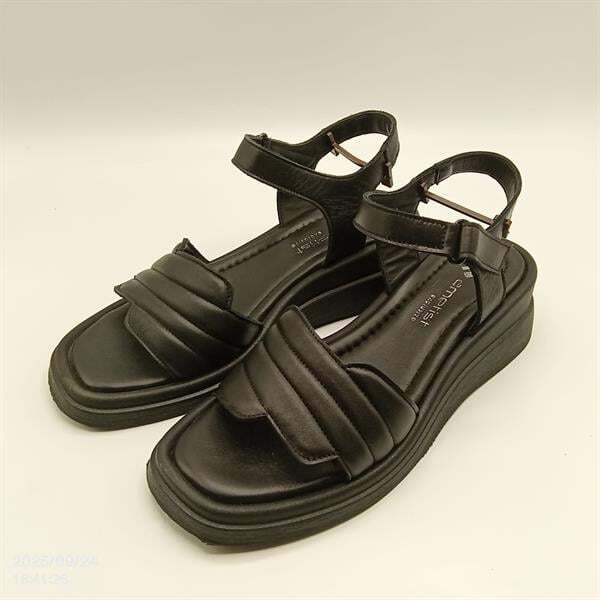 Siyah Hakiki Deri Kanat Bantlı Sandalet - 4