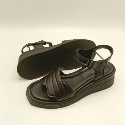 Siyah Hakiki Deri Kanat Bantlı Sandalet - 5