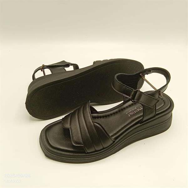 Siyah Hakiki Deri Kanat Bantlı Sandalet - 5