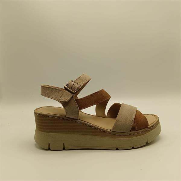 Stabil Çapraz Bantlı Bilekten Bağlamalı Gerçek Deri Süet Kadın Sandalet –  Bej/Açık Kahve - 1