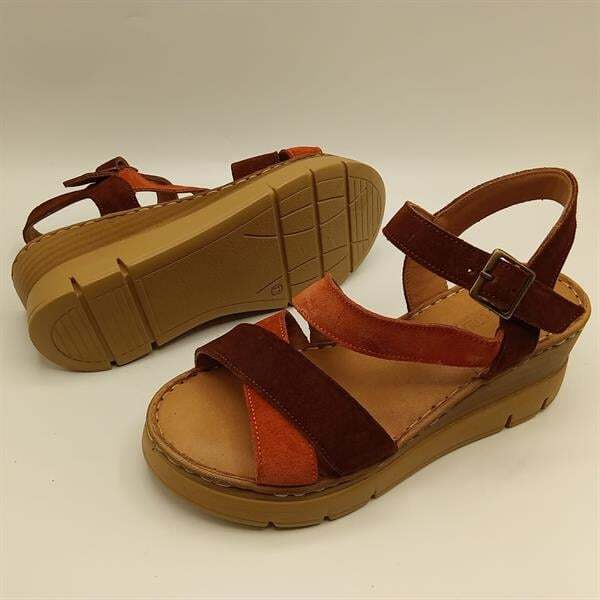 Stabil Çapraz Bantlı Bilekten Bağlamalı Gerçek Deri Süet Kadın Sandalet – Kiremit/Acı Kahve - 5
