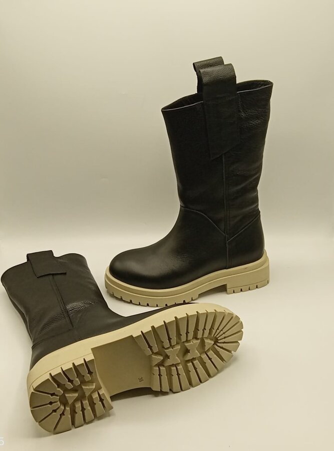 Tamara Siyah Gerçek Deri Kadın Bot – Bej Taban - 5