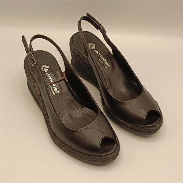 Terre Siyah Deri Dolgu Topuk Sandalet - 2