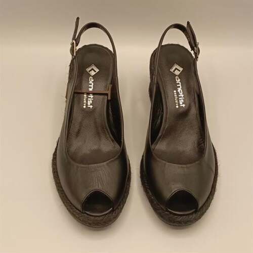 Terre Siyah Deri Dolgu Topuk Sandalet - 3