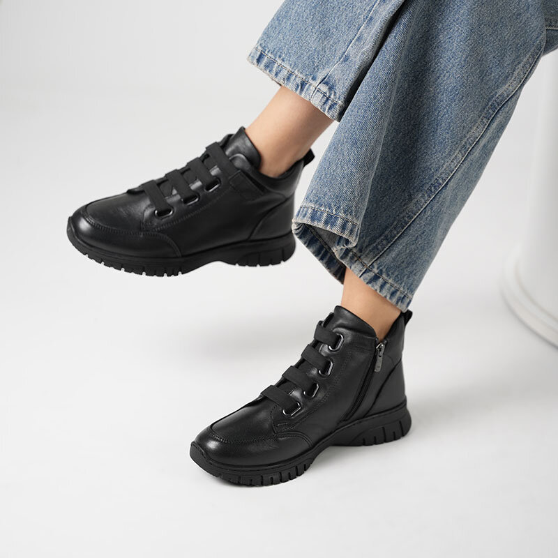 Vanda Siyah Deri Kadın Bot – Fermuarlı, Kauçuk Hafif Kaymaz Esnek Taban - 2